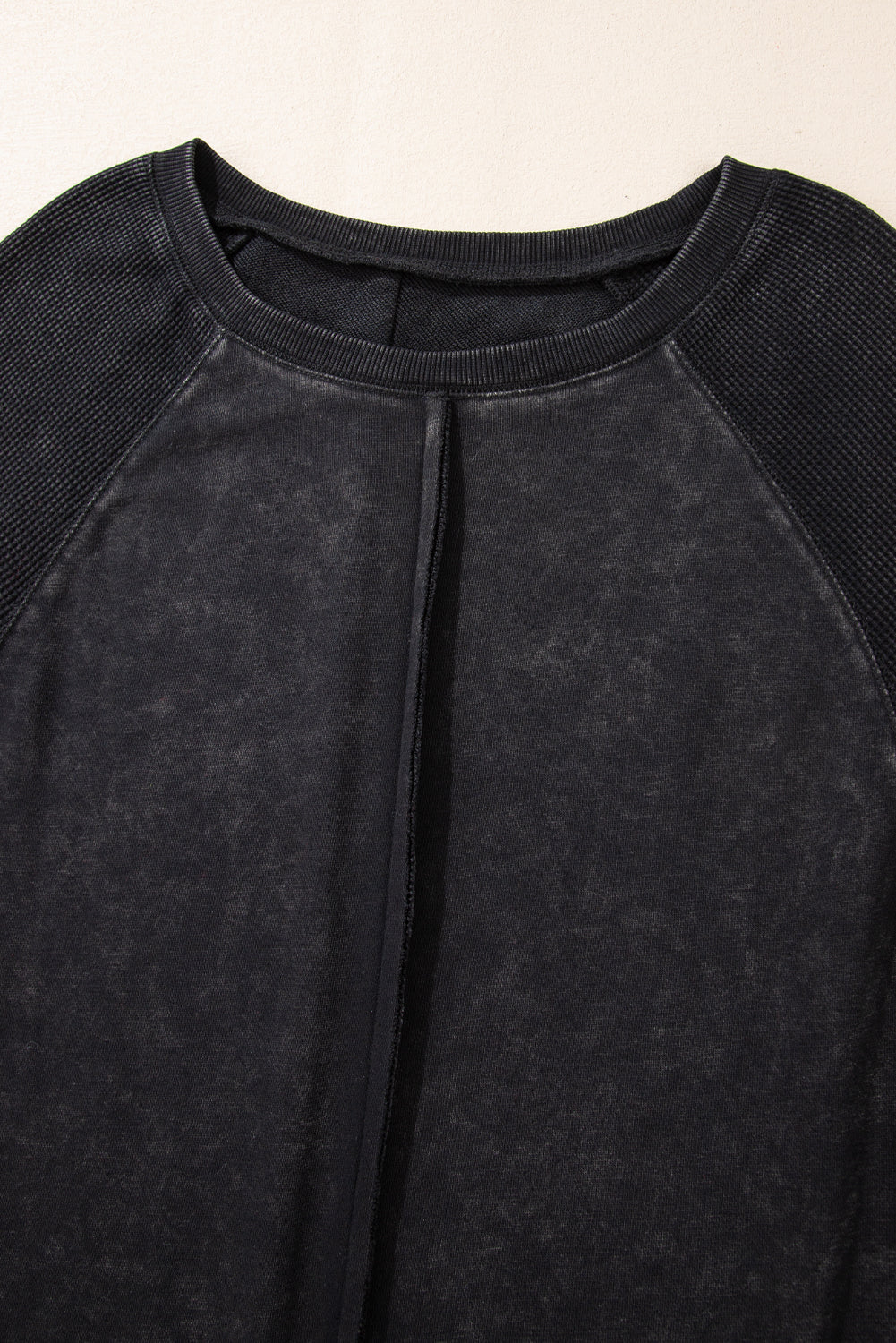 Light French Beige Solid Waffle Knit Patchwork Raglan Sleeve Sweatshirt