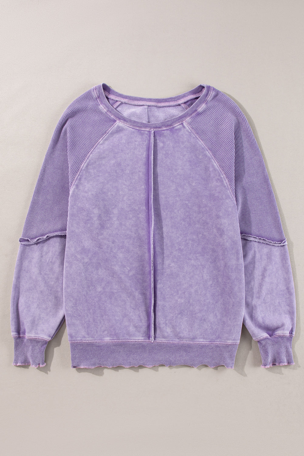 Light French Beige Solid Waffle Knit Patchwork Raglan Sleeve Sweatshirt
