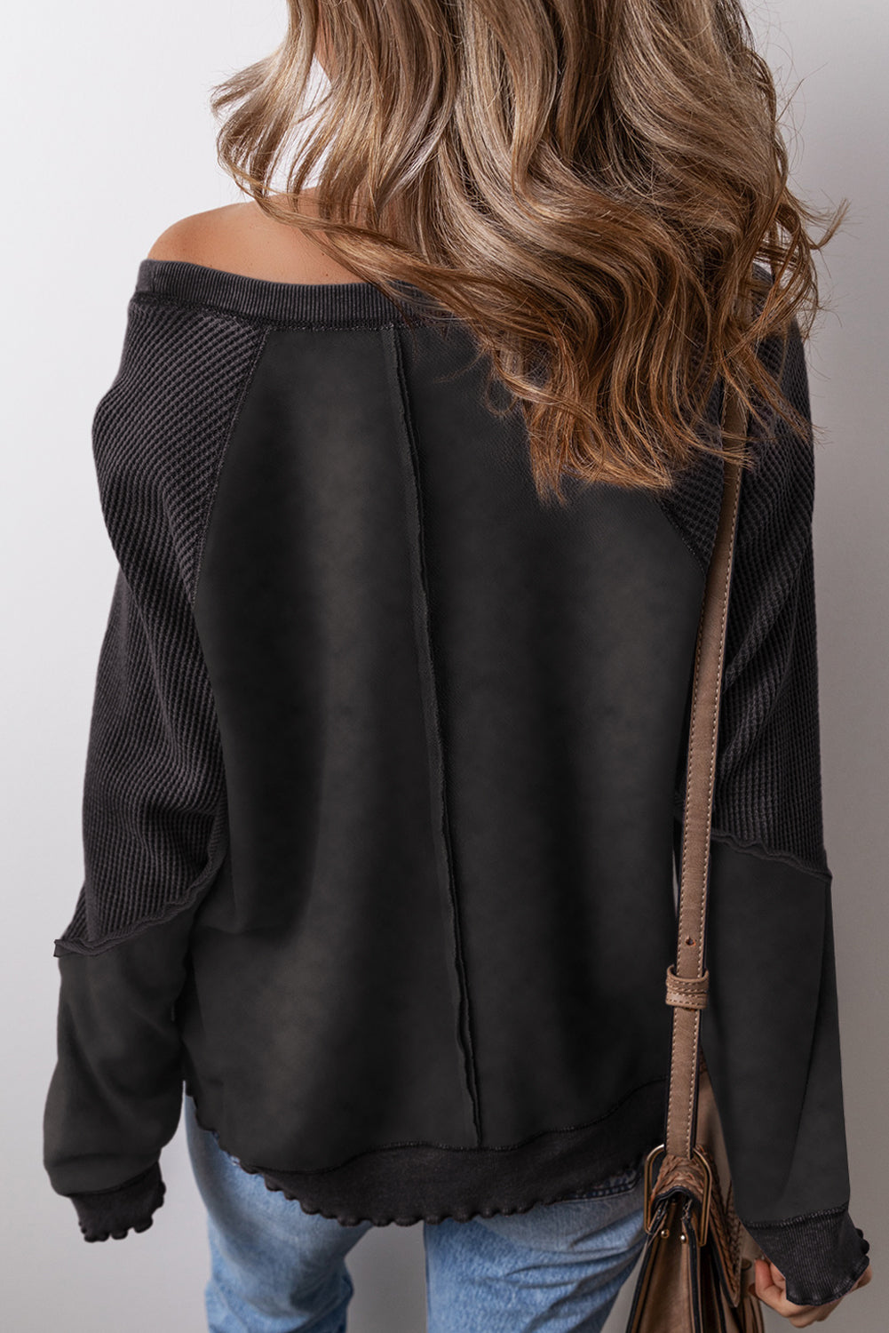 Light French Beige Solid Waffle Knit Patchwork Raglan Sleeve Sweatshirt