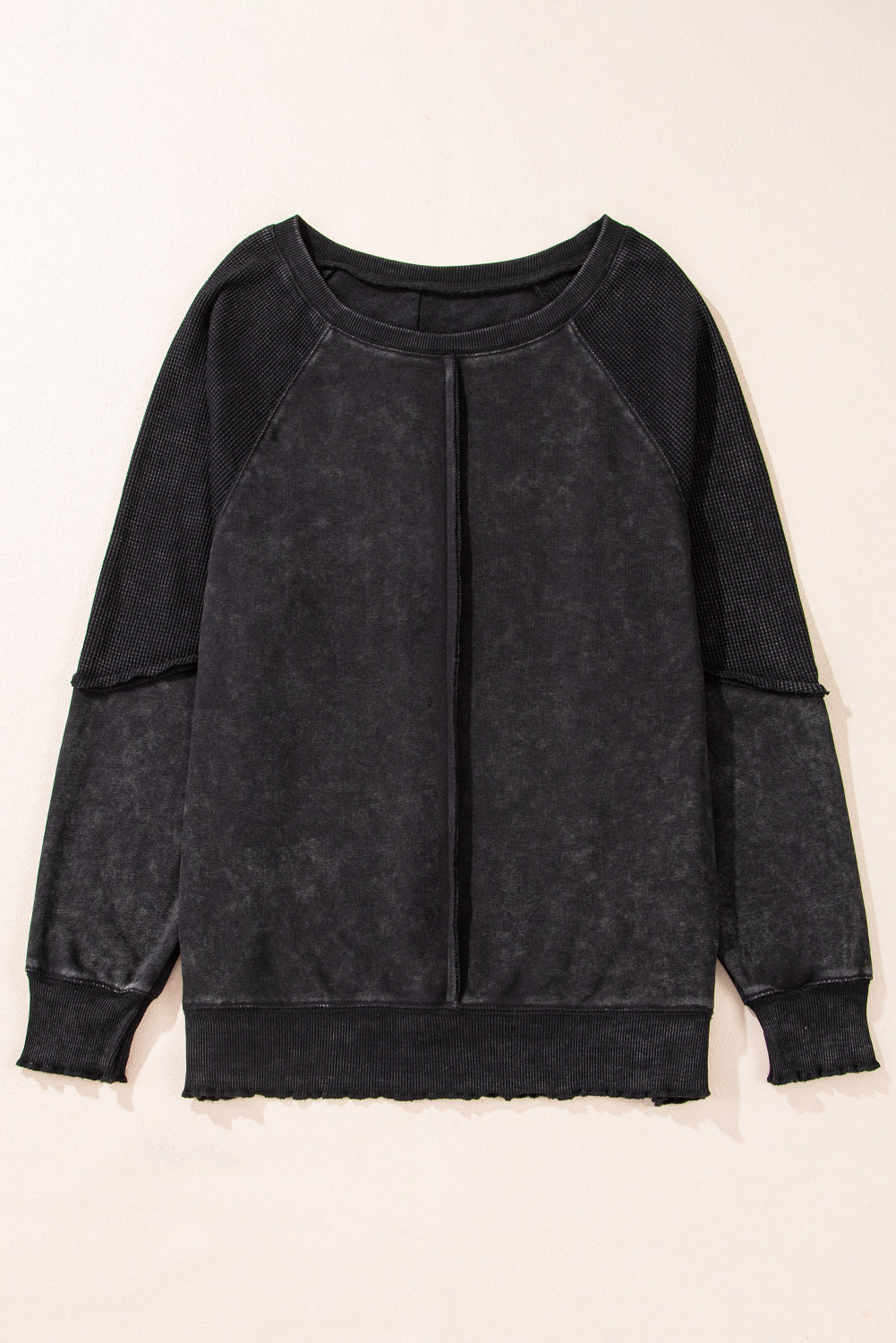 Light French Beige Solid Waffle Knit Patchwork Raglan Sleeve Sweatshirt