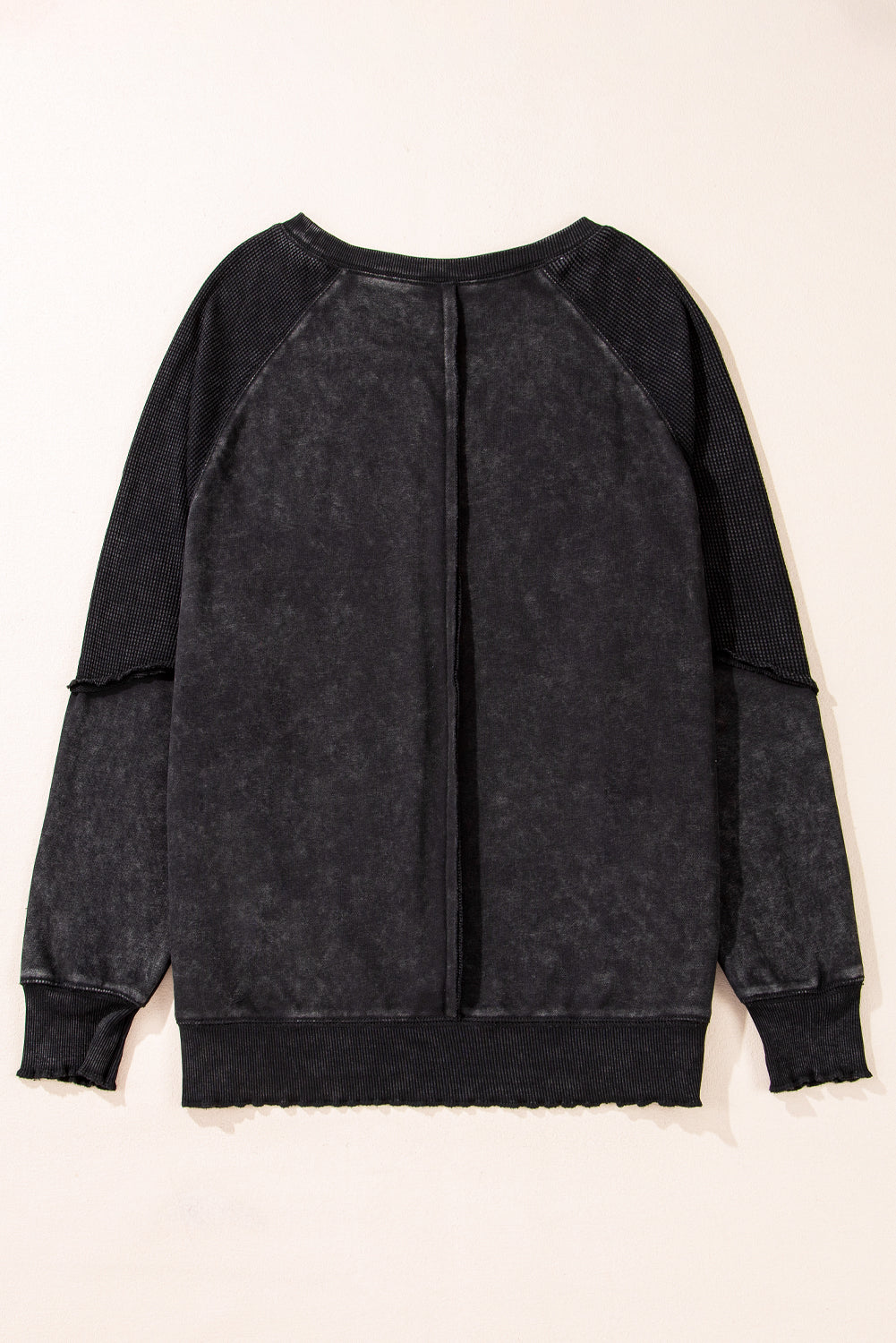 Light French Beige Solid Waffle Knit Patchwork Raglan Sleeve Sweatshirt