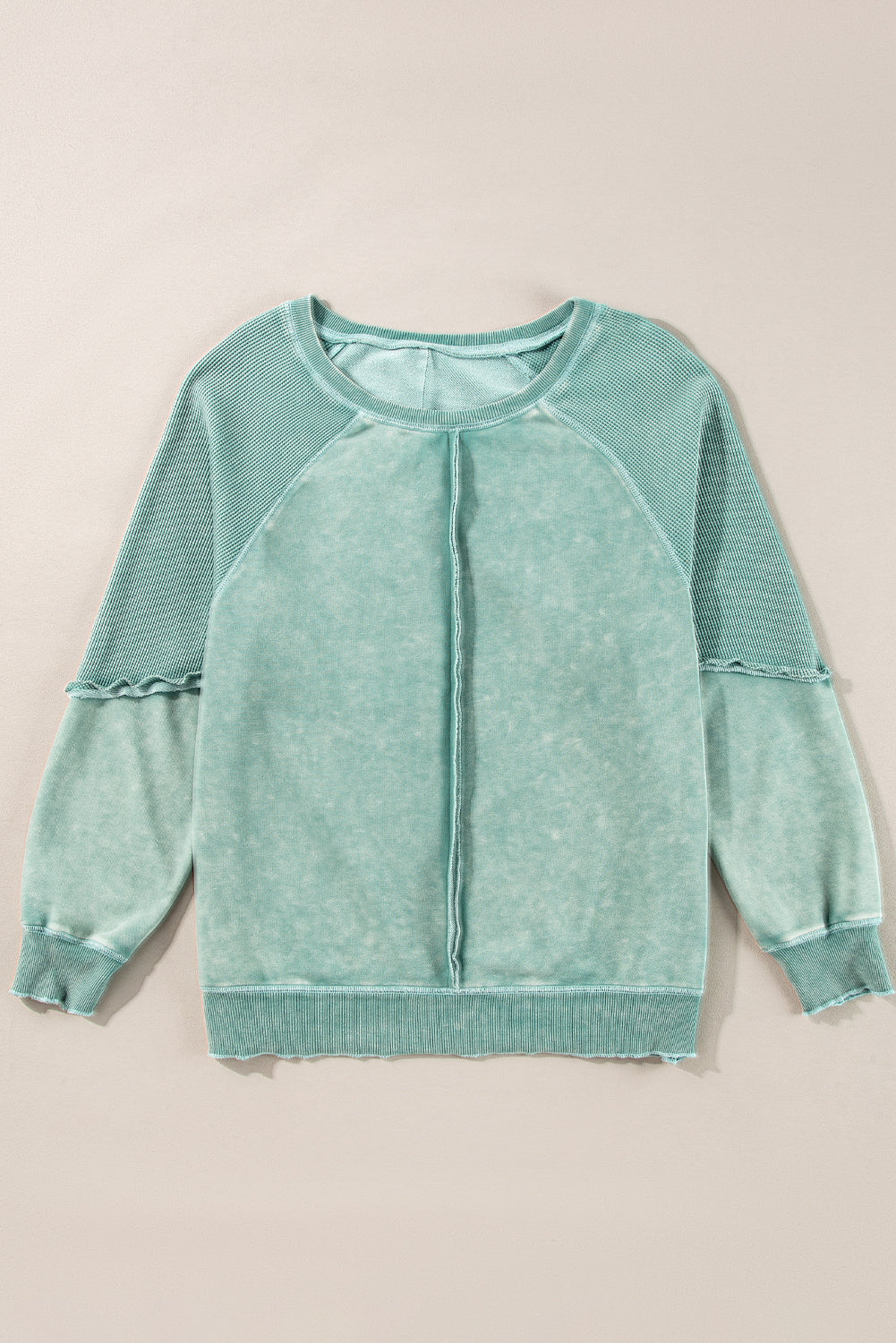 Light French Beige Solid Waffle Knit Patchwork Raglan Sleeve Sweatshirt