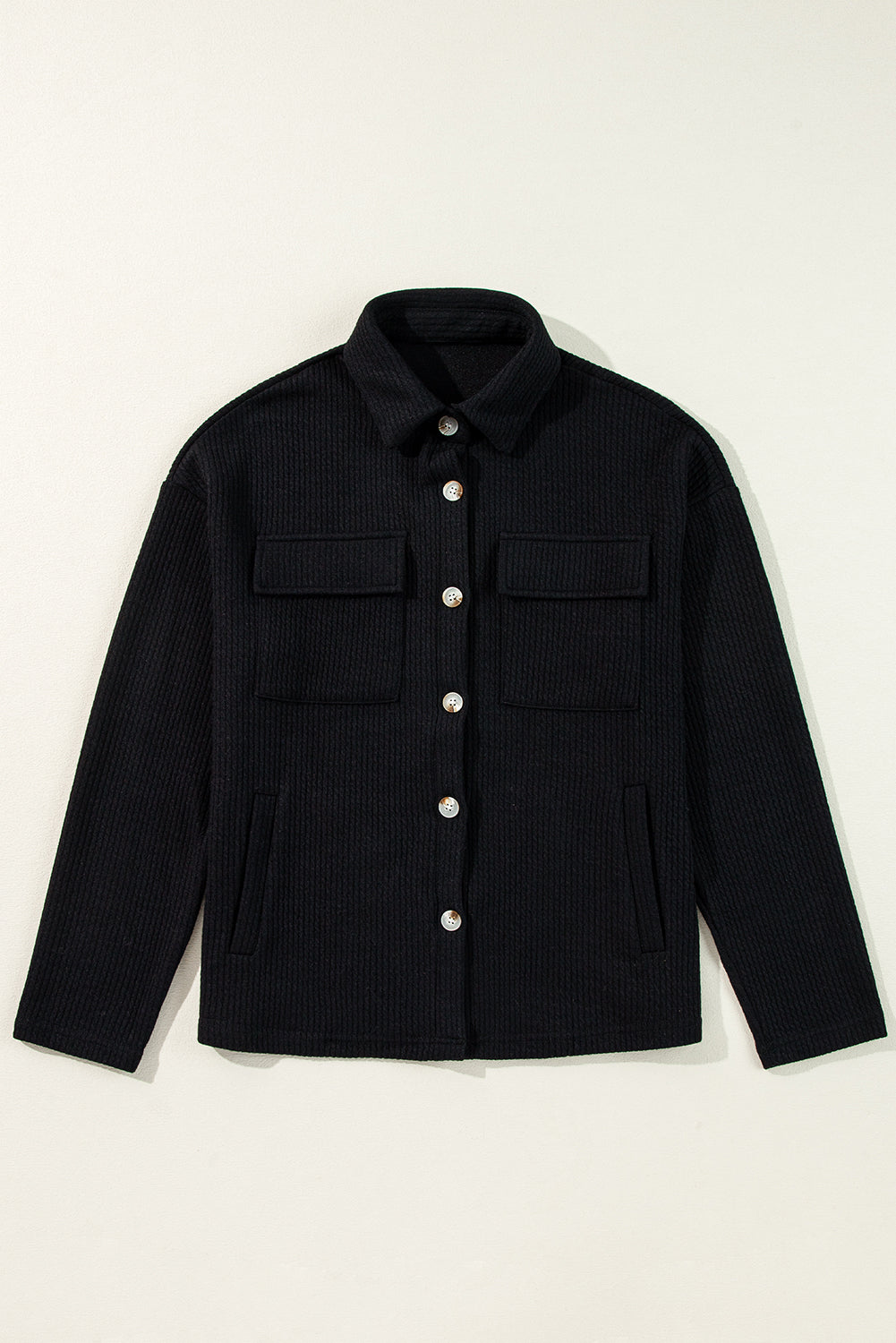 Dark Khaki Solid Color Corduroy Buttoned Long Sleeve Shacket