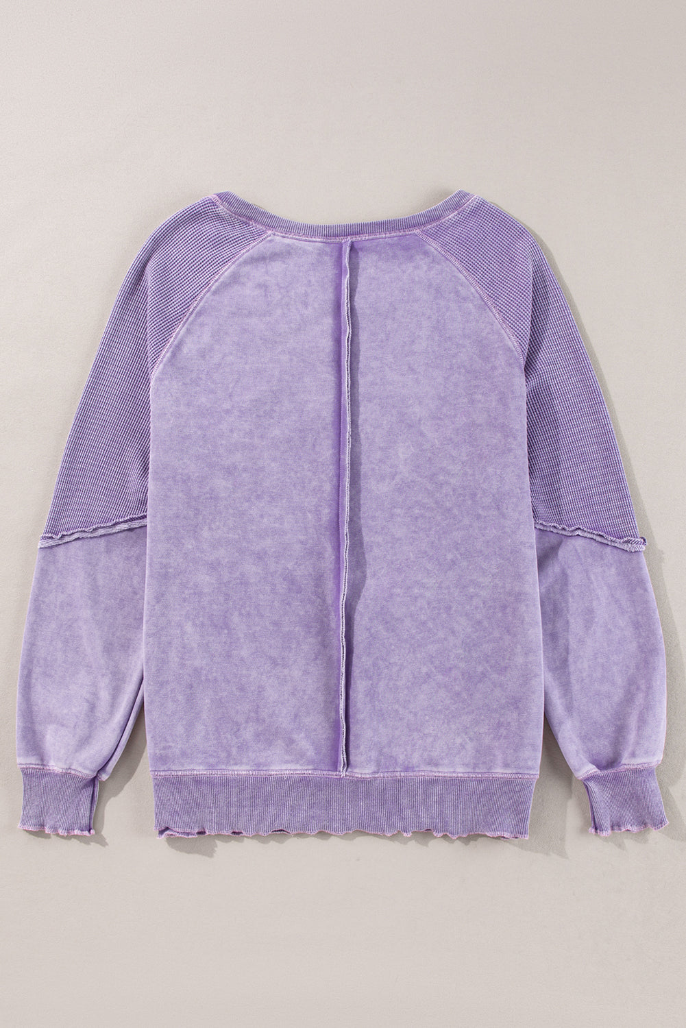 Light French Beige Solid Waffle Knit Patchwork Raglan Sleeve Sweatshirt