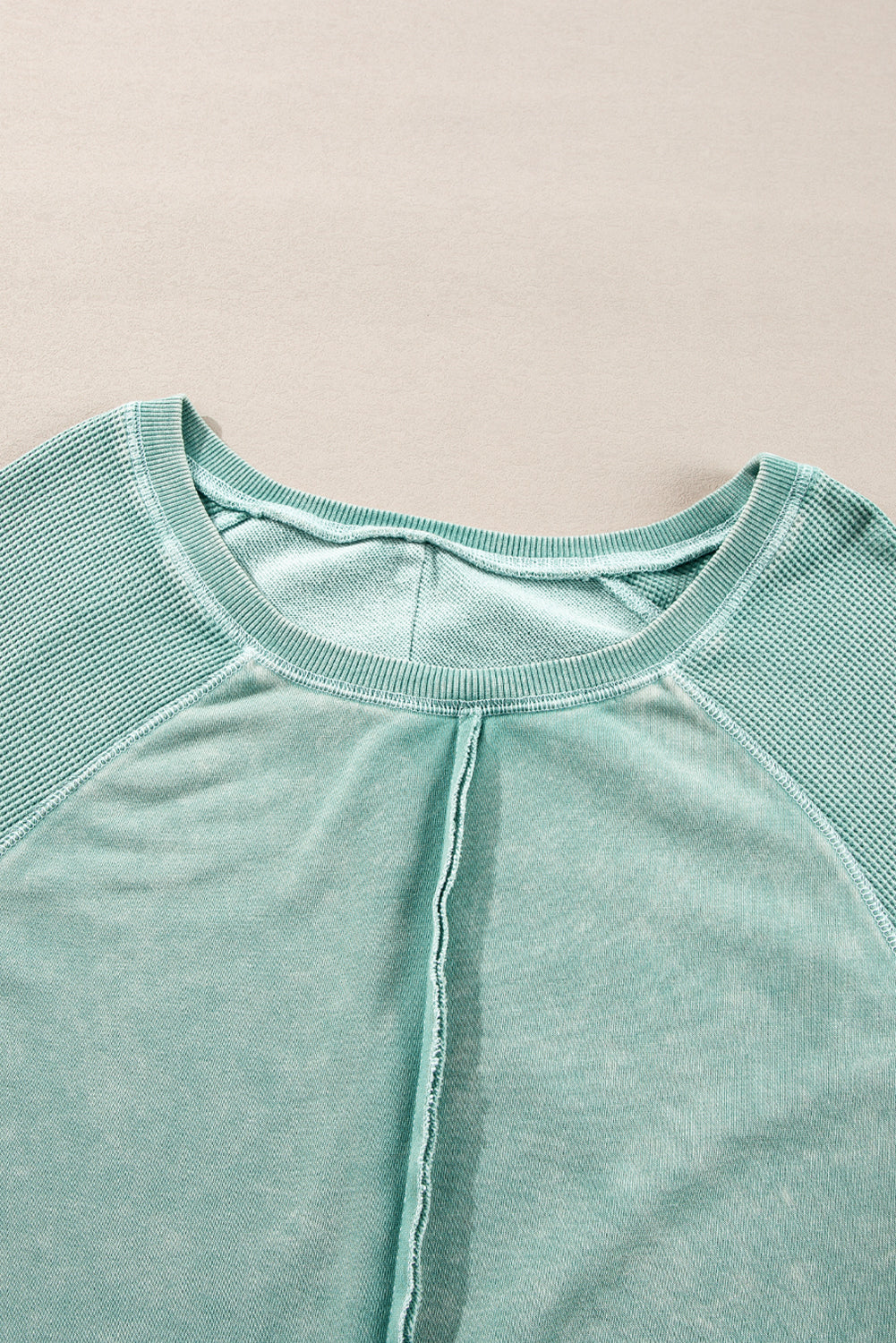 Light French Beige Solid Waffle Knit Patchwork Raglan Sleeve Sweatshirt