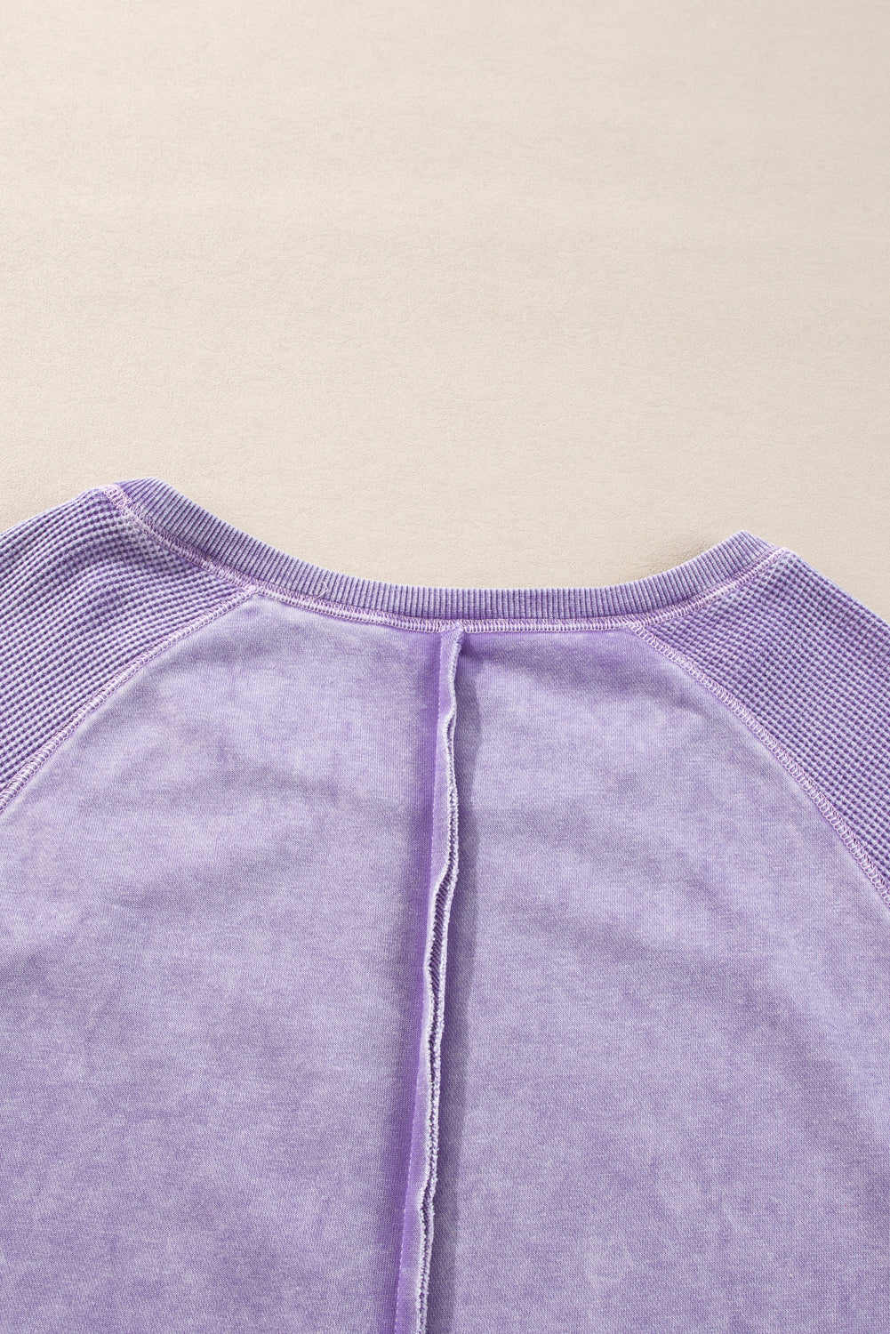 Light French Beige Solid Waffle Knit Patchwork Raglan Sleeve Sweatshirt