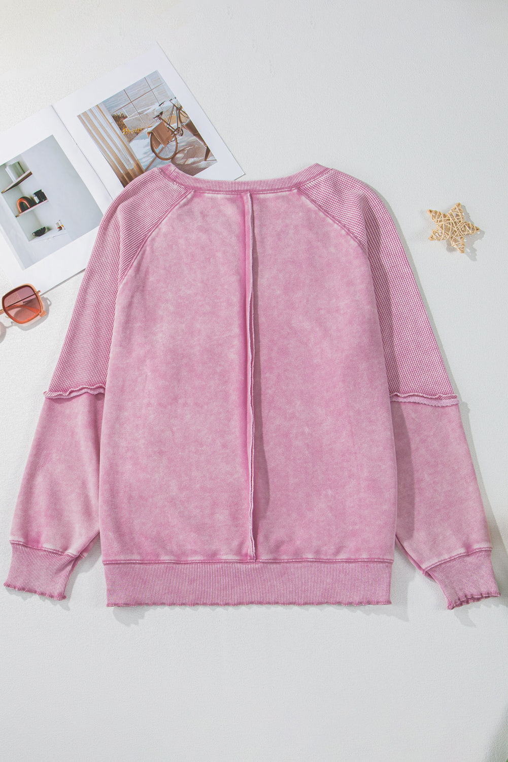 Light French Beige Solid Waffle Knit Patchwork Raglan Sleeve Sweatshirt