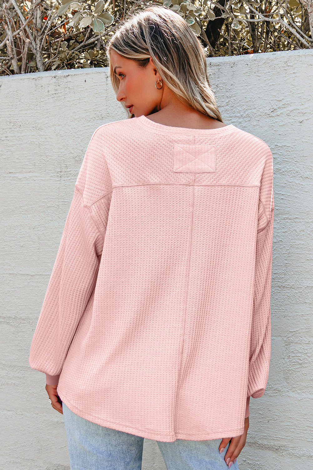 Blackish Green Waffle V Neck Long Sleeve Drop Shoulder Loose Blouse