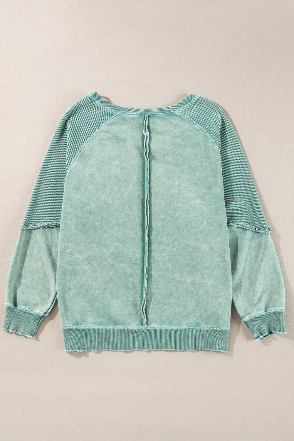 Light French Beige Solid Waffle Knit Patchwork Raglan Sleeve Sweatshirt