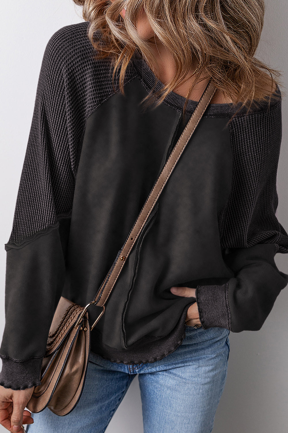 Light French Beige Solid Waffle Knit Patchwork Raglan Sleeve Sweatshirt