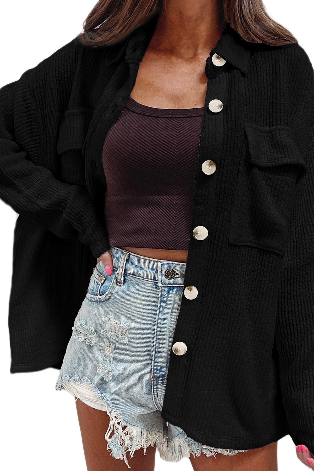 Dark Khaki Solid Color Corduroy Buttoned Long Sleeve Shacket